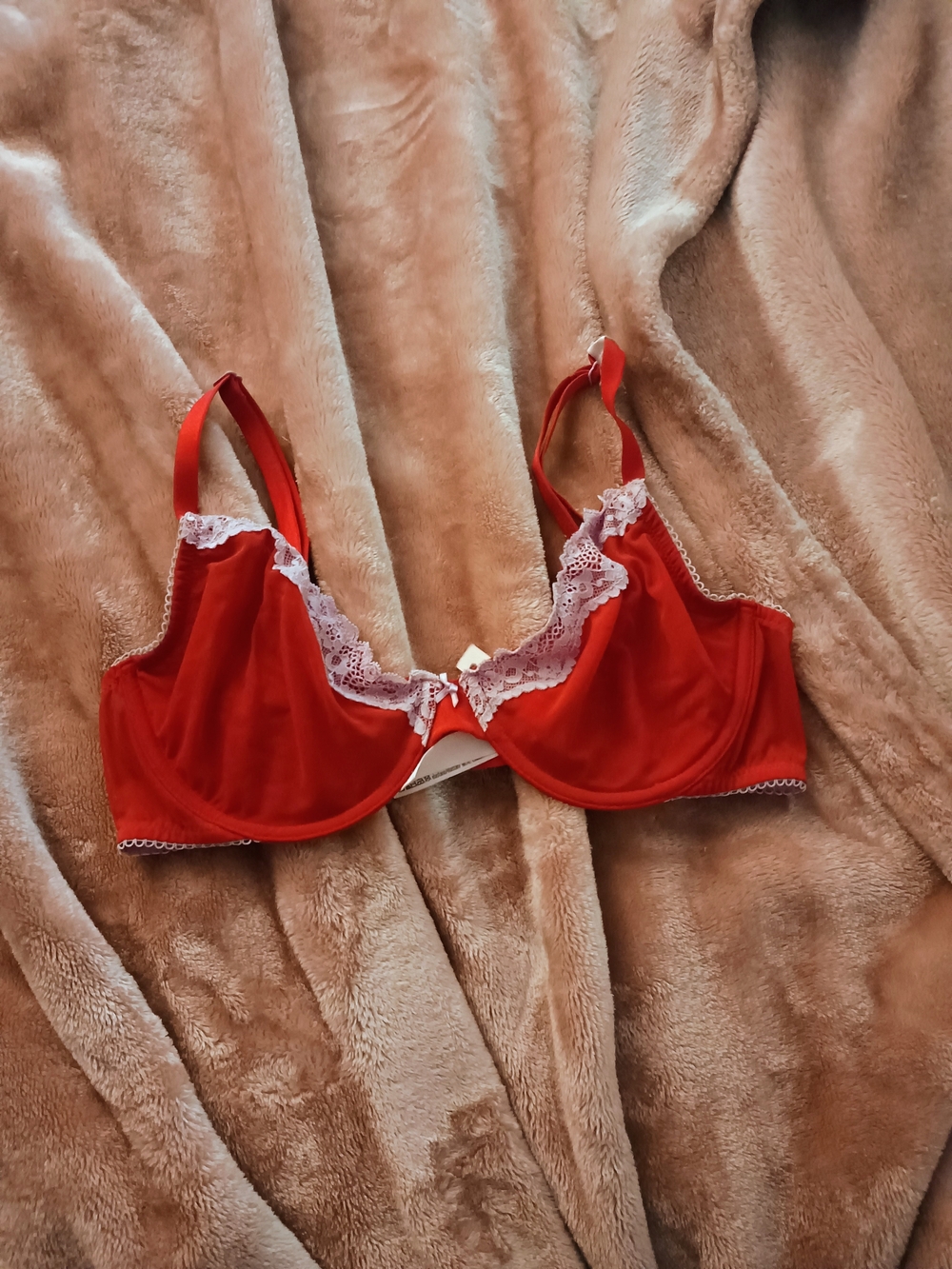 Victoria's Secret Red Underwire Bra with White Lace Trim